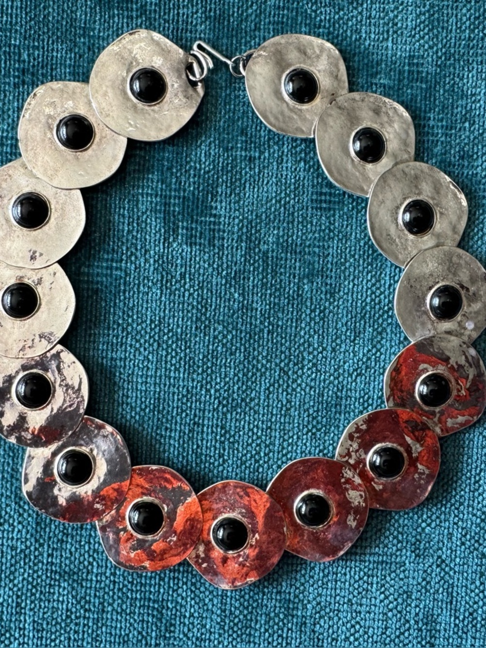 Handcrafted Silver Disc Necklace with Black Onyx Stone Accents